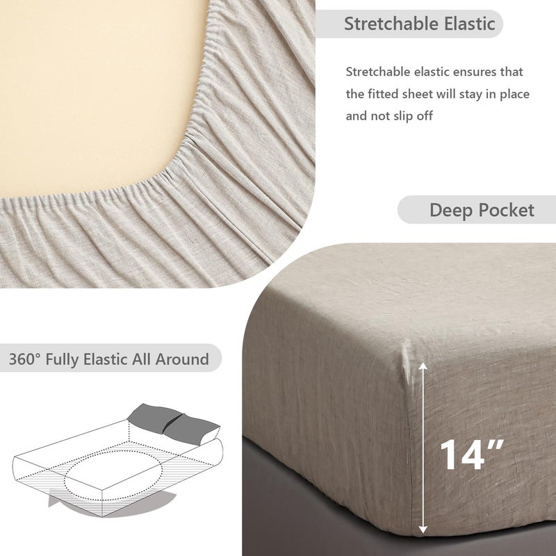 Simple&Opulence 100% Linen Fitted Sheet Full(1 Piece), 14 Inch Deep Pocket Mattress Cover Natural French Flax Stone Washed Farmhouse Soft Breathable Bottom Sheets-Linen - Image 2